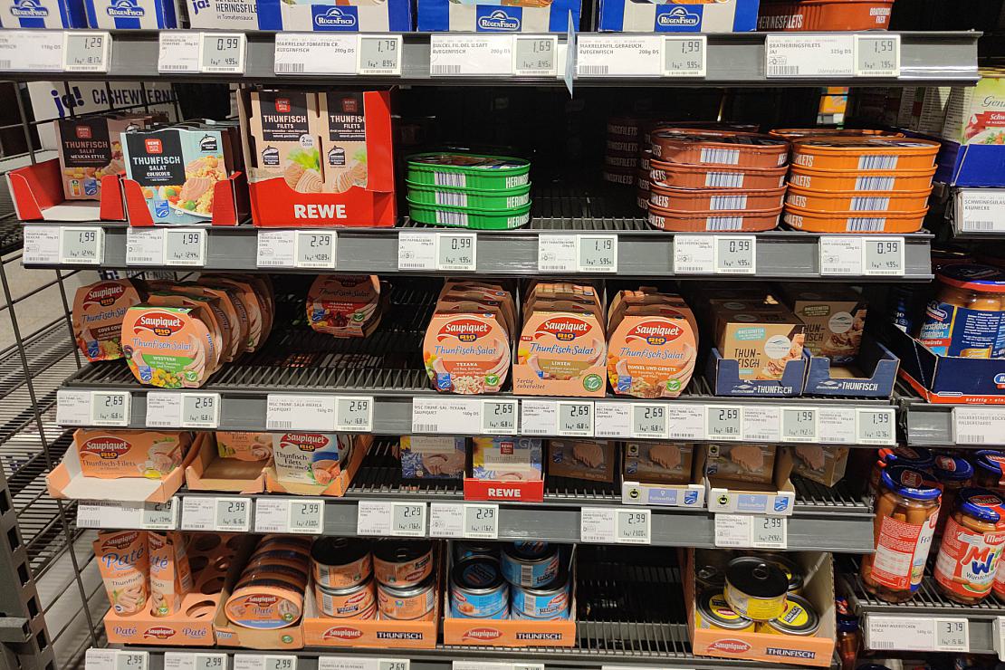 Supermarktregal mit Thunfisch-Dosen (Archiv)